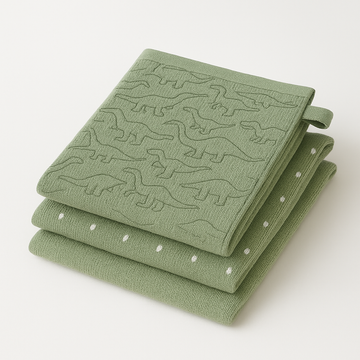 Sage Green Baby Washcloth Set – 3-Pack with Dino & Polka Dot Design