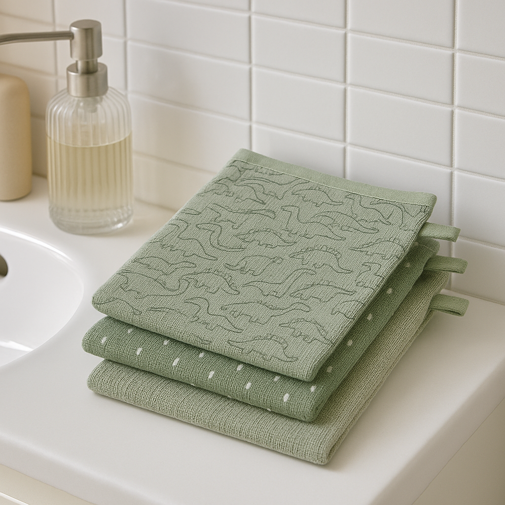 Sage Green Baby Washcloth Set – 3-Pack with Dino & Polka Dot Design